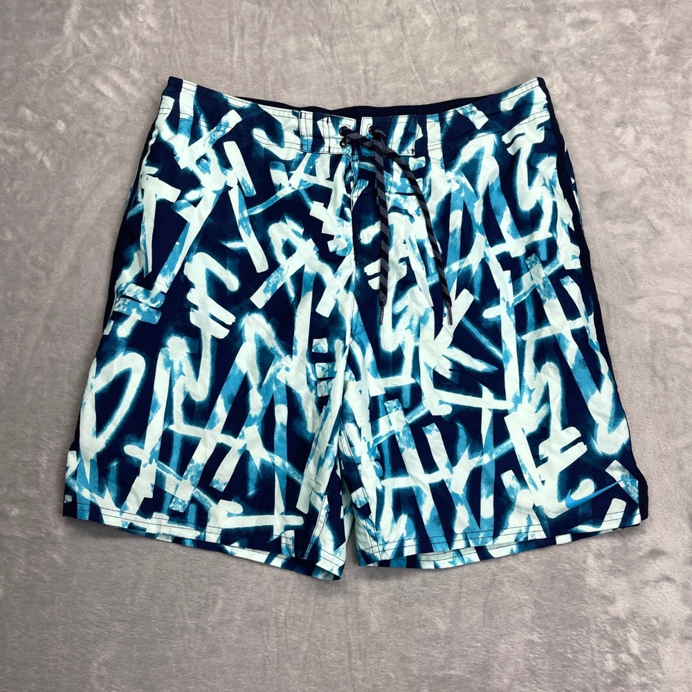 Nike Mens XL Blue Graffiti Abstract Print Swim Trunks Board Shorts NESS9417